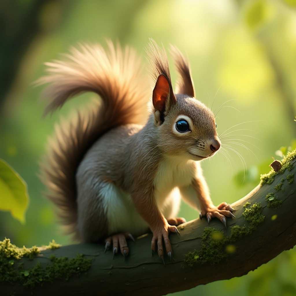 A detailed close-up of an inquisitive squirrel perched on a moss-covered branch, its fluffy tail curling playfully behind it. The squirrel's fur displays a rich, warm palette of browns and grays, with sunlight filtering through the leaves, creating a dappled light effect on its face. The background is a lush forest filled with vibrant green foliage and soft, blurred bokeh that enhances the depth of field. The squirrel's bright, expressive eyes shine with curiosity, while delicate textures such as the strands of fur and the rough bark are intricately rendered. The overall atmosphere is serene and enchanted, capturing a moment of wildlife in a magical, sunlit woodland. The composition follows a slightly angled perspective, drawing the viewer into the scene and highlighting the squirrel's playful demeanor.