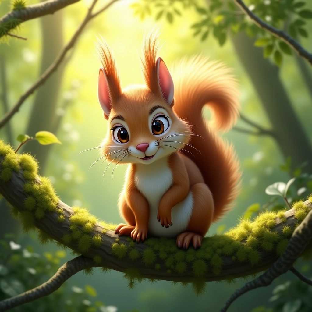 A detailed close-up of an inquisitive squirrel perched on a moss-covered branch, disney style, its fluffy tail curling playfully behind it. The squirrel's fur displays a rich, warm palette of browns and grays, with sunlight filtering through the leaves, creating a dappled light effect on its face. The background is a lush forest filled with vibrant green foliage and soft, blurred bokeh that enhances the depth of field. The squirrel's bright, expressive eyes shine with curiosity, while delicate textures such as the strands of fur and the rough bark are intricately rendered. The overall atmosphere is serene and enchanted, capturing a moment of wildlife in a magical, sunlit woodland. The composition follows a slightly angled perspective, drawing the viewer into the scene and highlighting the squirrel's playful demeanor.