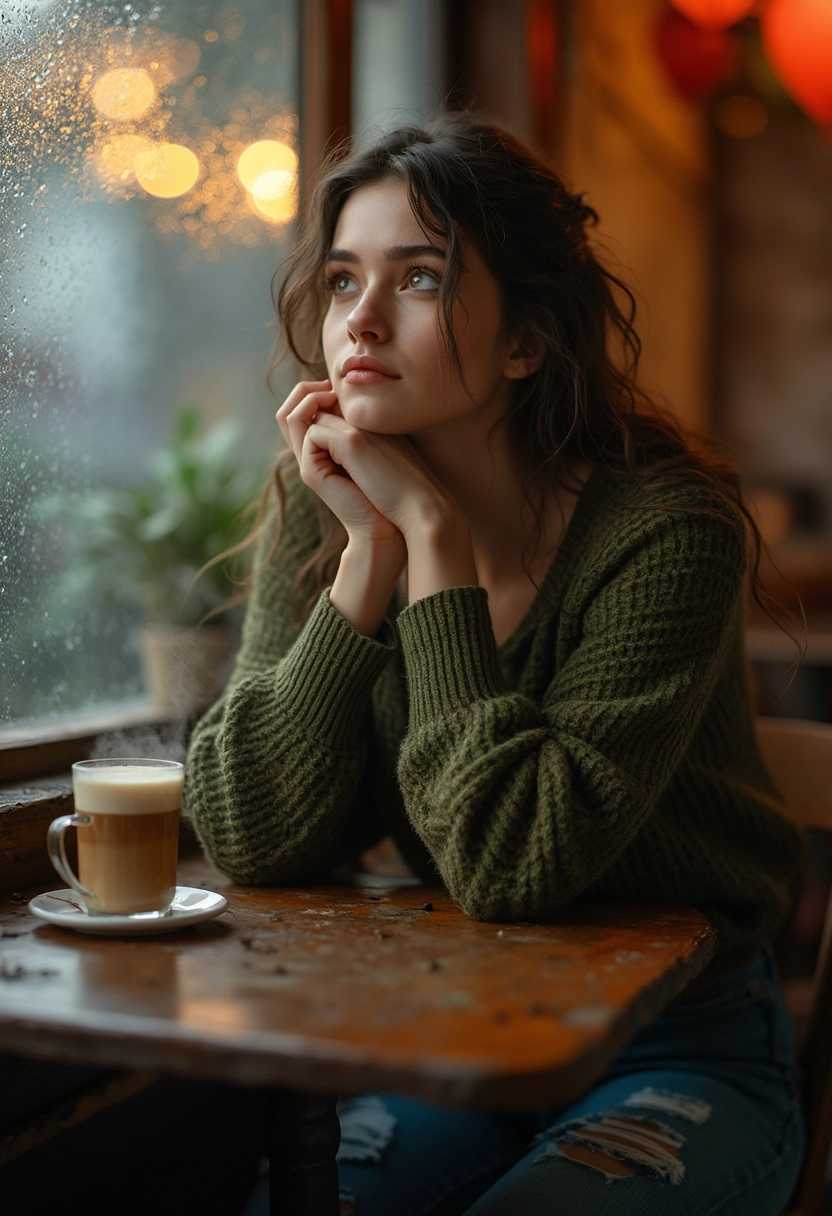 Evangeline Moore sits alone at a rustic wooden table in a cozy coffee shop. She's dressed in a casual olive green sweater and jeans, her hands wrapped around a steaming mug of latte. Her brown eyes gaze thoughtfully out of a rain-speckled window, reflecting the warm, golden lights of the cafe. Tendrils of steam rise from the coffee, creating delicate patterns in the air.