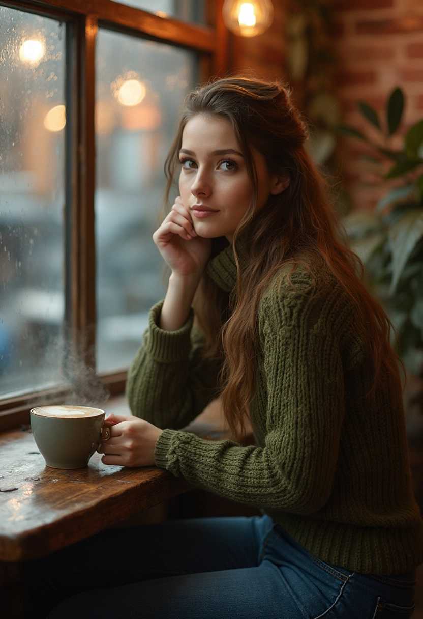 Hollie Brookes sits alone at a rustic wooden table in a cozy coffee shop. She's dressed in a casual olive green sweater and jeans, her hands wrapped around a steaming mug of latte. Her brown eyes gaze thoughtfully out of a rain-speckled window, reflecting the warm, golden lights of the cafe. Tendrils of steam rise from the coffee, creating delicate patterns in the air.