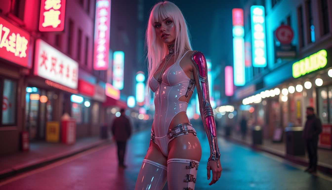 long-legged Cybernetic Gore neon erotic gynoid with white translucent skin, dieselpunk neon city street, lipstick, bokeh