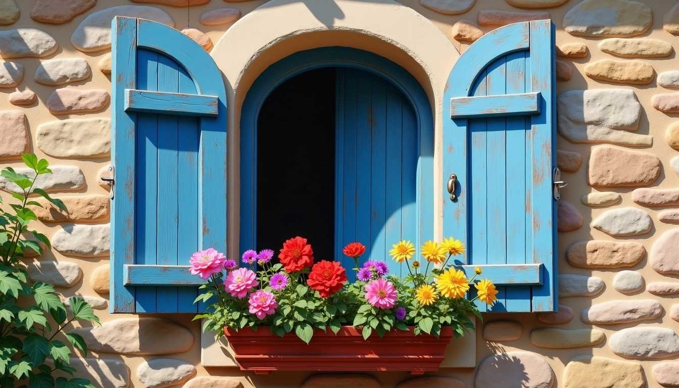 Create a whimsical oil painting in UHDR, high quality, featuring an open arched window with blue wooden shutters on a vintage stone wall. The shutters are intricately detailed, with subtle weathered textures that highlight their aged charm. Beneath the window, vibrant summer flower pots hang, overflowing with colorful blooms in shades of red, yellow, pink, and purple. The stone wall is textured and rich showing the passage of time, and the entire composition exudes a rustic, charming atmosphere with a touch of whimsy.