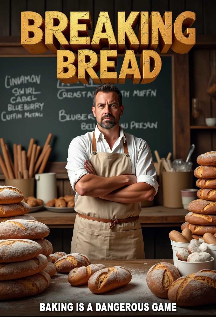 A television show poster for a parody series titled "Breaking Bread." The poster features a stern-looking baker wearing a flour-dusted apron, standing confidently at the center of a rustic bakery. mphasizing the comedic juxtaposition of baking and danger. Surrounding him are stacks of artisan bread loaves, beautifully crafted pastries, and bags of flour arranged creatively to mimic the iconic desert landscape of the original show. 

In the background, a large chalkboard menu prominently displays cheeky item titles like "Cinnamon Swirl Cartel" and "Blueberry Muffin Meth,” hinting at the culinary chaos that awaits. The baker's intense yet comically serious expression conveys a sense of determination, as if ready to conquer the baking world armed only with dough and his unwavering spirit.

At the top of the poster, the title "Breaking Bread" is boldly featured in stylized typography: "Breaking" in a gritty, cracked font exuding a sense of edginess, while "Bread" is depicted in warm, golden letters that evoke the appearance of freshly baked loaves. Beneath this, the tagline reads, "Baking is a Dangerous Game," reinforcing the humor inherent in this culinary adventure. The overall color