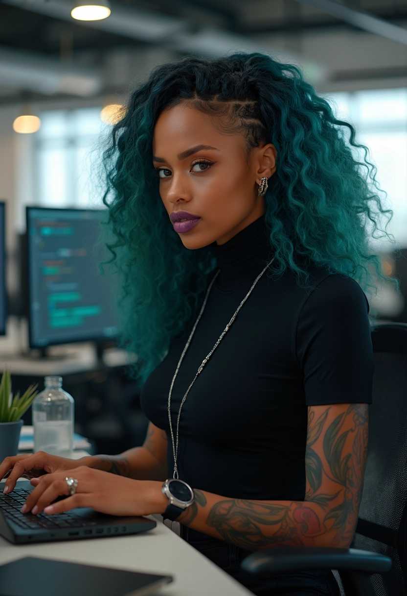 Zara Blackwood, a striking female cybersecurity specialist in her late 20s, stands at average height with an athletic build. Her mixed African-American and Irish heritage gives her a warm medium brown skin tone and captivating heterochromatic eyes - one deep brown, the other a piercing blue. Zara's thick, curly hair is dyed a vibrant teal, shaved on one side and falling in a cascade of spirals on the other. She has high cheekbones, a slightly upturned nose, and full lips painted with dark purple lipstick. Zara wears a sleek, form-fitting black turtleneck and high-waisted cargo pants with multiple pockets. A simple silver watch adorns her left wrist, while her right forearm sports a colorful geometric tattoo. Multiple piercings line her ears, including a prominent industrial bar. Black combat boots complete her look. Zara's expression is one of intense focus, her eyes narrowed as she types rapidly on a laptop keyboard, surrounded by monitors displaying lines of code in a modern, open-plan office space. A lanyard with a company ID card hangs around her neck, and a reusable water bottle sits on her desk next to a small potted succulent.