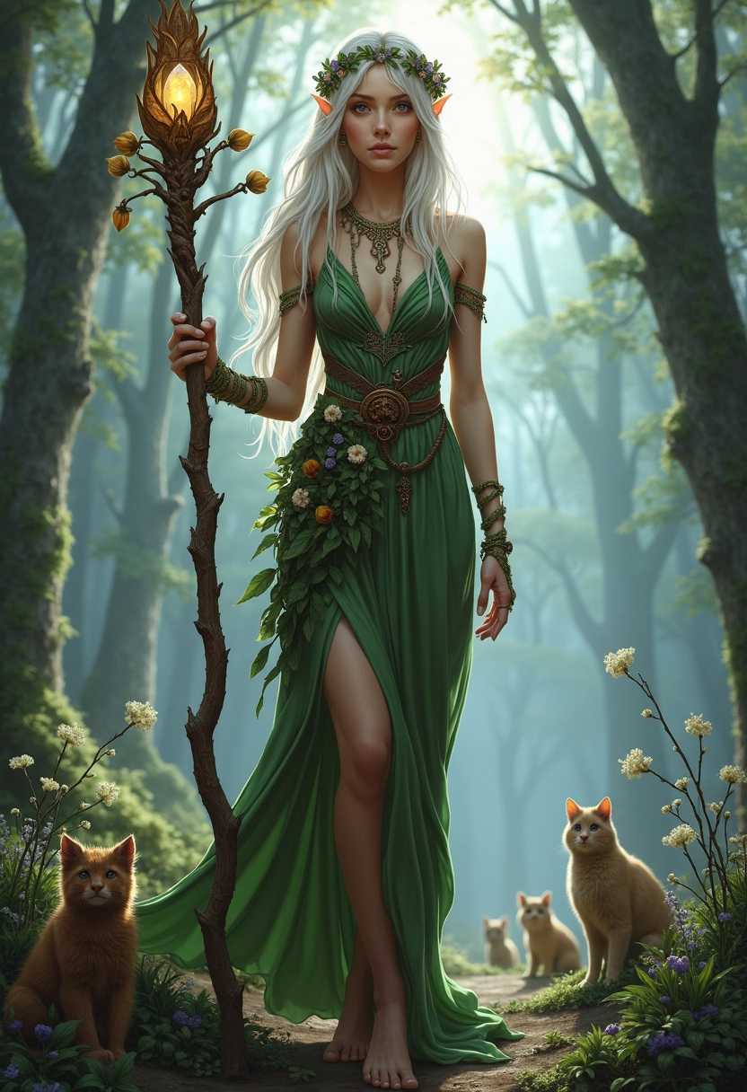 Elara Moonwhisper, a lithe female elven druid in her early 300s (appearing mid-20s by human standards), stands tall with an ethereal grace. Her alabaster skin has a subtle, silvery sheen, complemented by large, almond-shaped eyes of deep violet. Elara's waist-length hair shimmers like spun moonlight, adorned with small iridescent flowers and intricate braids. Her delicately pointed ears are pierced with small emerald studs. She has high cheekbones, a small upturned nose, and full lips tinted with a natural berry hue. Elara wears a flowing gown of moss green and earthy brown, seamlessly blending leaves, vines, and bark-like textures. The dress seems alive, subtly shifting and rustling with her movements. A crown of twisted branches and blooming wildflowers rests upon her brow. Around her neck hangs an ancient wooden pendant carved with mystical runes. Her bare feet barely touch the ground, leaving small patches of wildflowers in her wake. Elara's slender fingers grasp an intricately carved staff of living wood, its top adorned with a softly glowing crystal. Her expression is serene yet watchful, a hint of ancient wisdom in her eyes as she stands in a misty, moonlit forest glade surrounded by curious woodland creatures.

