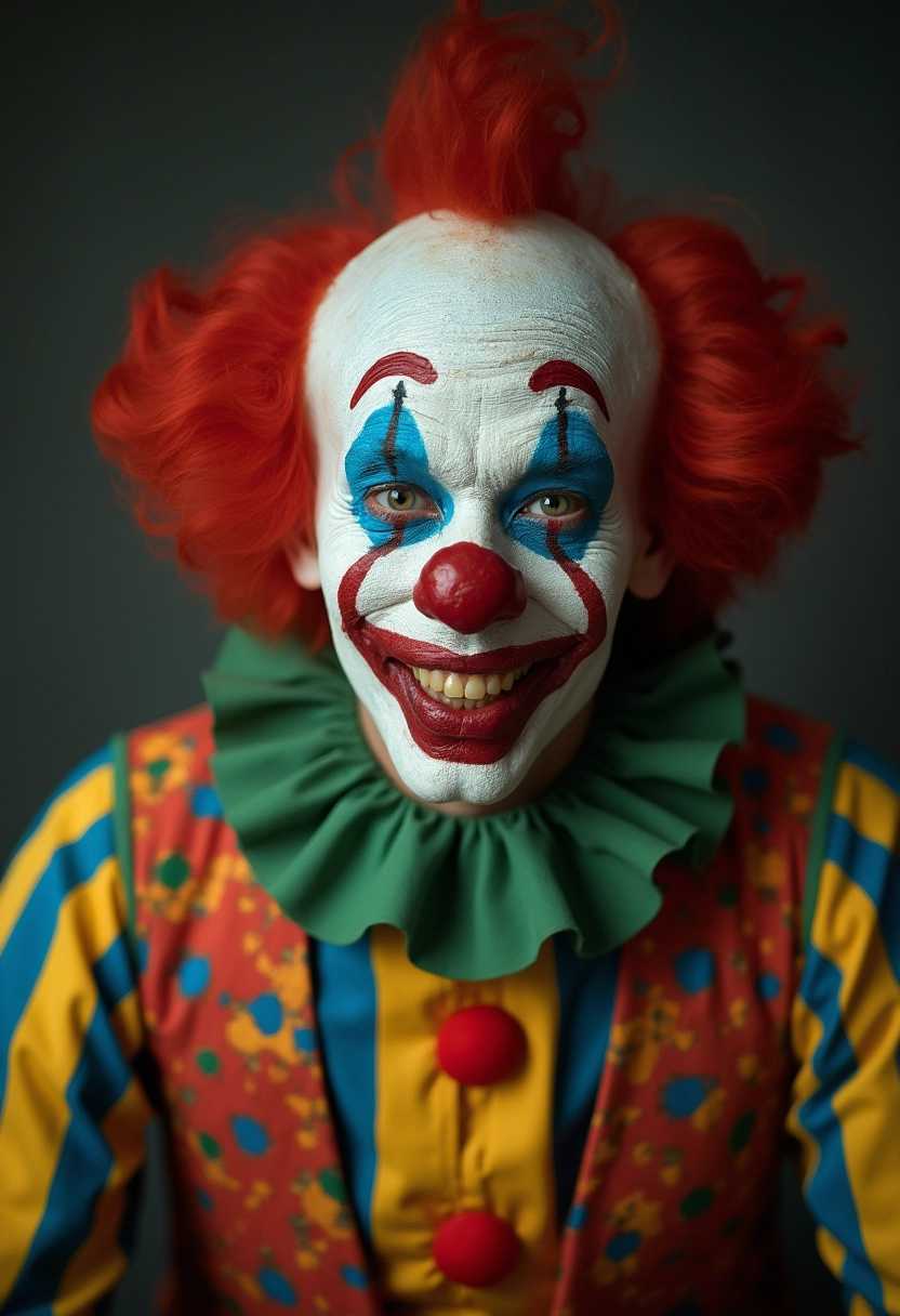 1980s circus clown in Australia, professional studio photography, creepy clown with vintage feeling, scary face expression
