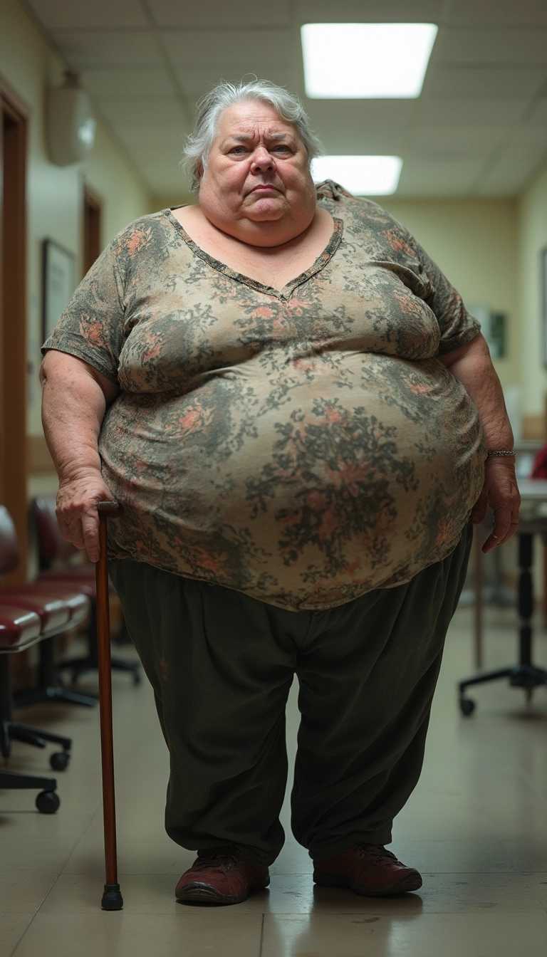 Gertrude Blubberton, an obese 72-year-old Caucasian American woman with fair, wrinkled skin and cool undertones. Her small, watery blue eyes are sunken beneath heavy, drooping eyelids and sparse, grey eyebrows. She has a bulbous nose, thin, dry lips, and a double chin that blends into her sagging jowls. Her wide face features deep creases around her mouth and forehead. Gertrude's thinning, wispy white hair is cut short and styled haphazardly. Her body is extremely overweight, with rolls of fat visible even through her clothing. She wears a stained, stretched-out floral blouse in muted colors and elastic-waist polyester pants that strain against her girth. Her swollen feet are stuffed into worn-out orthopedic shoes. Gertrude's posture is hunched, and she leans heavily on a wooden cane. Her expression is a mixture of discomfort and irritation, her breathing labored from the effort of standing. A large mole is visible on her left cheek, and age spots dot her hands and arms. The harsh fluorescent lighting of a doctor's waiting room accentuates her unhealthy pallor and the deep shadows under her eyes.