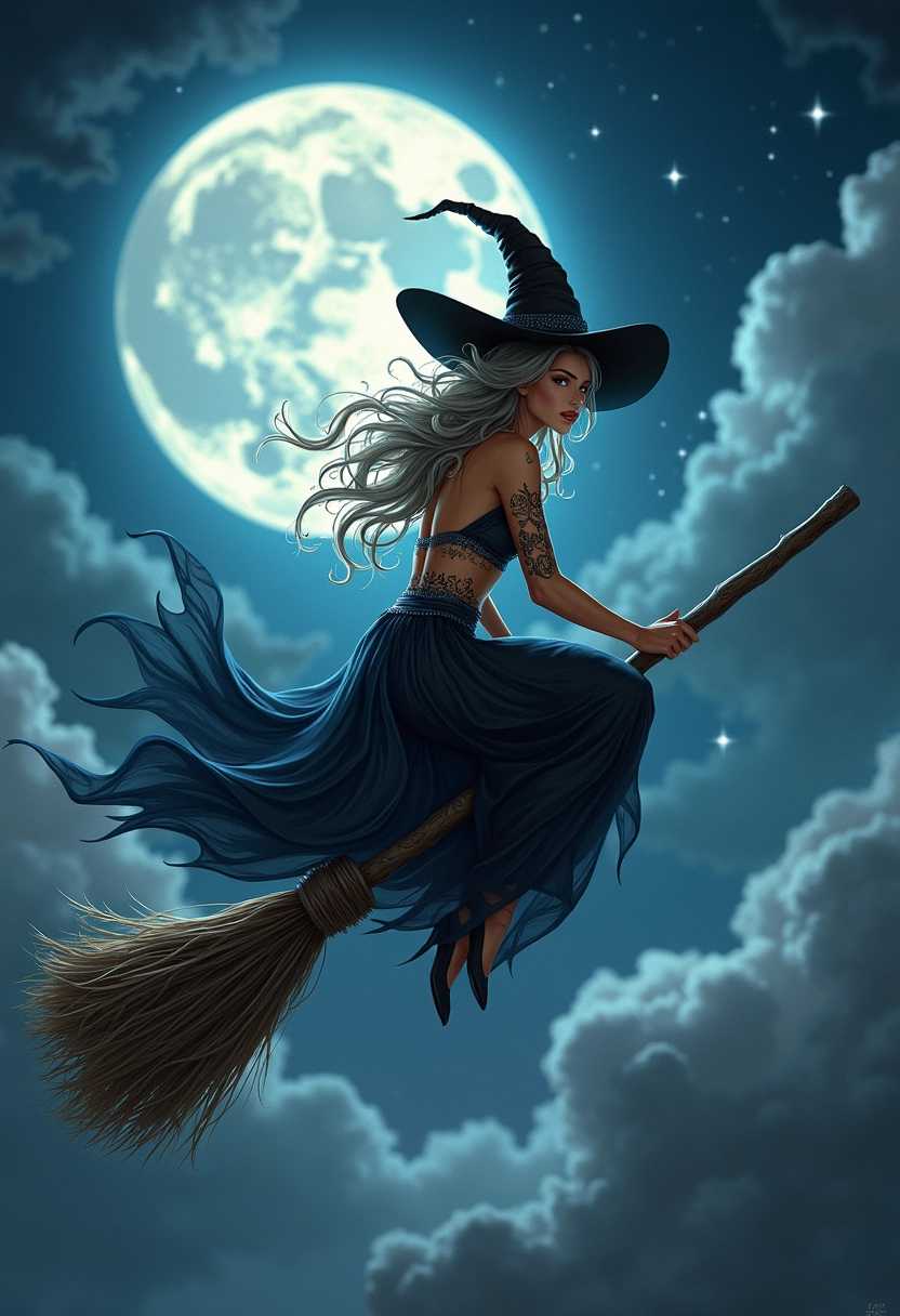 A scantily dressed witch, adorned with elegant, flowing garments that flutter in the night breeze, rides a sleek broomstick through a luminous, moonlit sky. The witch has long, cascading hair that shimmers with hints of silver under the soft glow of a full moon, casting a mysterious light upon her figure. Her skin glows subtly, revealing intricate tattoos that tell the stories of her magical prowess. The broom is crafted from dark, ancient wood, polished to a shine, with hints of mystical runes etched along its length. 

The background features a vibrant night sky filled with swirling clouds, partially illuminated by stars that twinkle like diamonds. The moon hangs low, large and radiant, casting a silvery-white light that enhances the dramatic atmosphere of the scene. 

The composition is dynamic, with a low-angle perspective that emphasizes the witch's commanding presence as she soars through the air, the wind whipping around her. The mood is enchanting yet slightly ominous, encapsulating the thrilling essence of witchcraft and the mysteries of the night. The overall color palette is rich with deep blues, bright silvers, and contrasting dark hues, creating a captivating and magical nighttime tableau. The style is reminiscent of fantasy illustrations, with intricate detailing and a touch of ethereal beauty.