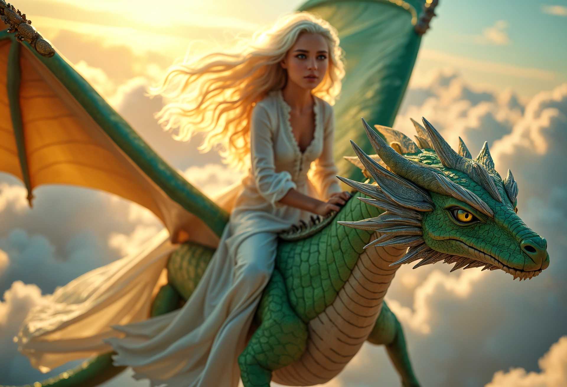 AI-generated image: A stunning young goddess with flowing long white hair and captivating green eyes, gracefully soaring