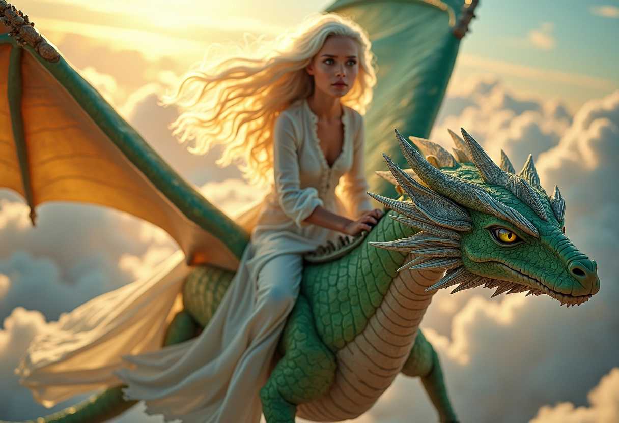 A stunning young goddess with flowing long white hair and captivating green eyes, gracefully soaring atop a majestic dragon. The dragon boasts an impressive wingspan, its scales shimmering in shades of emerald and silver as it glides through a vibrant sky filled with fluffy white clouds. The goddess is adorned in an ethereal, long white dress that billows elegantly in the wind, intricately detailed with delicate silver embroidery that catches the light. The scene is illuminated by a soft, golden sunset, casting a warm glow that enhances the magical atmosphere. The composition captures both the height of the flight and the awe-inspiring scale of the dragon, with a slightly upward angle that emphasizes their grandeur against the expansive sky. The mood is one of serene majesty and wonder, evoking a sense of freedom and harmony between the goddess and her mythical companion.