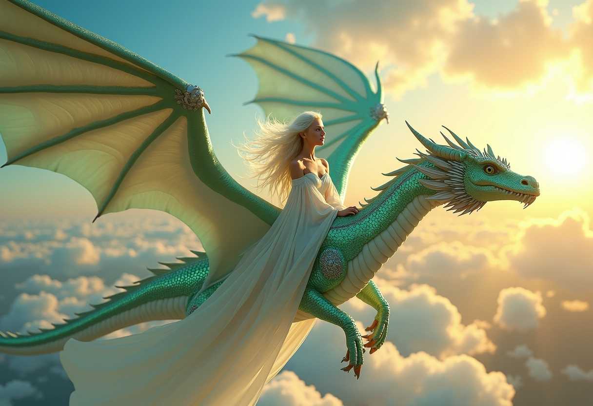 Serene Soaring A Fantasy Maiden and Her Majestic Dragon Soar Above the Clouds
