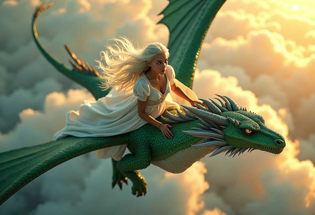 A stunning young goddess with flowing long white hair and captivating green eyes, gracefully soaring atop a majestic dragon. The dragon boasts an impressive wingspan, its scales shimmering in shades of emerald and silver as it glides through a vibrant sky filled with fluffy white clouds. The goddess is adorned in an ethereal, long white dress that billows elegantly in the wind, intricately detailed with delicate silver embroidery that catches the light. The scene is illuminated by a soft, golden sunset, casting a warm glow that enhances the magical atmosphere. The composition captures both the height of the flight and the awe-inspiring scale of the dragon, with a slightly upward angle that emphasizes their grandeur against the expansive sky. The mood is one of serene majesty and wonder, evoking a sense of freedom and harmony between the goddess and her mythical companion.
