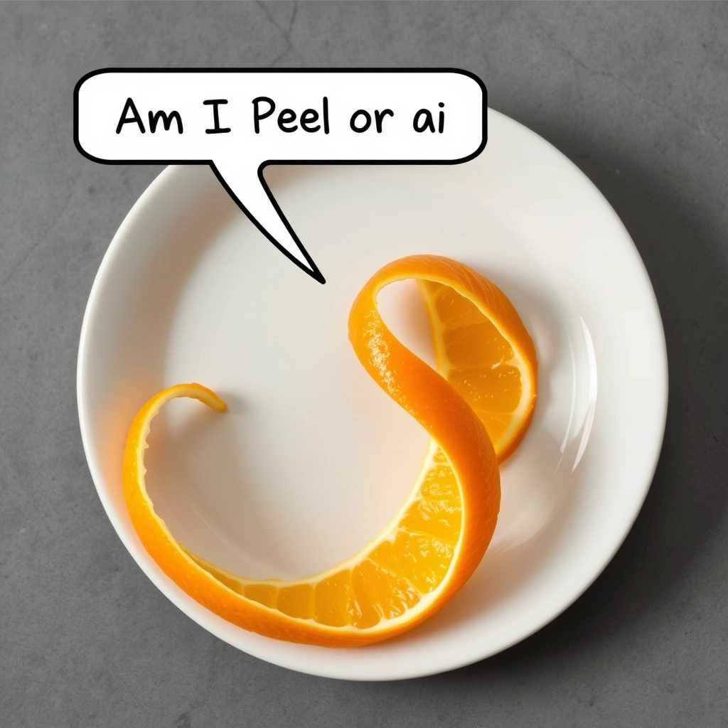 photorealistic: a one piece unwound curlicue orange peel on a plate with a speech bubble that says: "Am I Peel or ai"