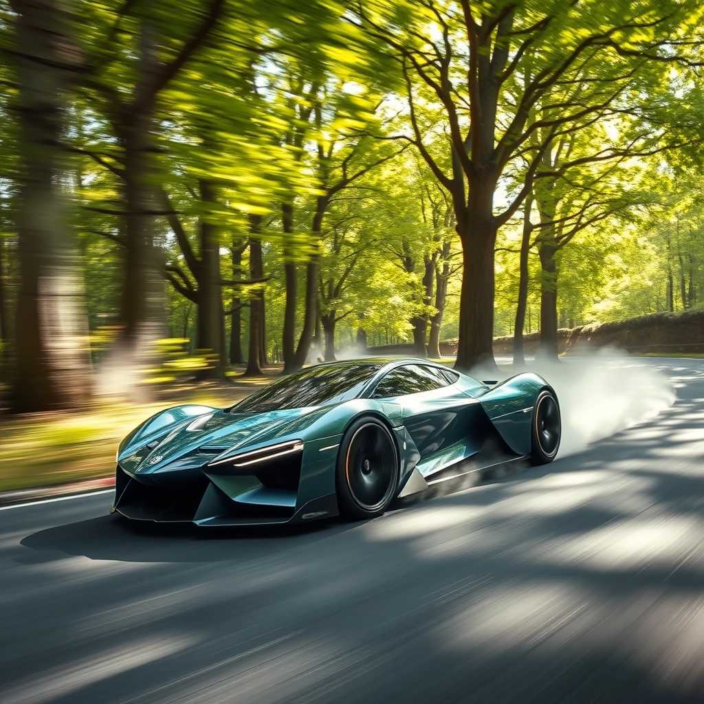 A sleek, futuristic race car speeds down a winding racecourse nestled within the dense, lush forests of Germany. The car's aerodynamic design features sharp angles and a reflective metallic surface that gleams under the bright sunlight filtering through the canopy of vibrant green leaves. In the background, towering trees with intricate bark textures create a stunning contrast against the car's bold colors, which are a mix of electric blue and silver. The scene captures the adrenaline of the race, with dust being kicked up from the track, and a blurred motion effect that accentuates the car's incredible speed. 

The composition is dynamic, with the car positioned slightly off-center, showcasing its elongated shape and innovative features, while the track curves dramatically into the distance. Soft rays of sunlight create dappled patterns on the asphalt, adding warmth to the cool tones of the car. The atmosphere is exhilarating, evoking a sense of excitement and technology in harmony with nature, as the racecourse winds through this enchanting forest landscape. The overall mood is electric, hinting at the thrill of competition and the promise of the future.