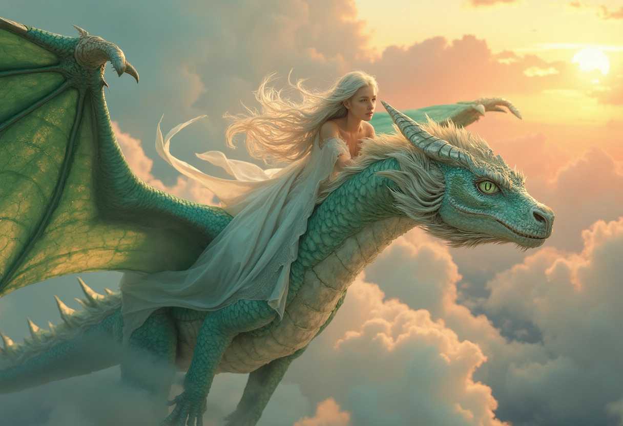 A stunning young goddess with flowing long white hair and captivating green eyes gracefully soars atop a majestic dragon, creating a breathtaking scene. The dragon displays an impressive wingspan, its scales shimmering in shades of emerald and silver, capturing the light as it glides through a vibrant sky filled with fluffy white clouds. The goddess is adorned in an ethereal long white dress that billows elegantly in the wind, intricately detailed with delicate silver embroidery that glistens softly. The entire scene is bathed in the warm glow of a soft golden sunset, enhancing the magical atmosphere. The composition captures both the height of the flight and the awe-inspiring scale of the dragon, with a slightly upward angle that emphasizes their grandeur against the expansive sky. The mood is one of serene majesty and wonder, evoking a sense of freedom and harmony between the goddess and her mythical companion, reminiscent of Romantic-era paintings. The image should convey rich textures, a dynamic interplay of light and shadow, and an otherworldly beauty that invites the viewer into this fantastical realm.