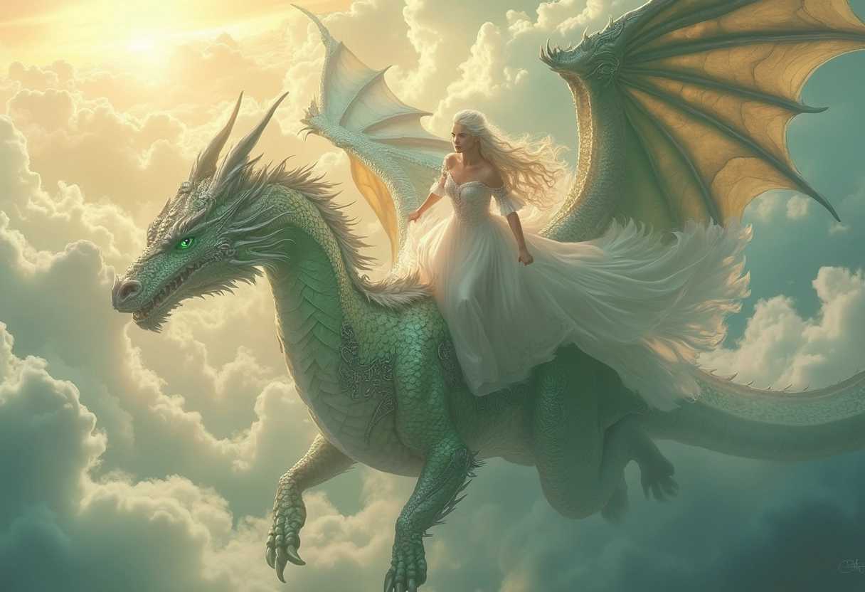 A stunning young goddess with flowing long white hair and captivating green eyes gracefully soars atop a majestic dragon, creating a breathtaking scene. The dragon displays an impressive wingspan, its scales shimmering in shades of emerald and silver, capturing the light as it glides through a vibrant sky filled with fluffy white clouds. The goddess is adorned in an ethereal long white dress that billows elegantly in the wind, intricately detailed with delicate silver embroidery that glistens softly. The entire scene is bathed in the warm glow of a soft golden sunset, enhancing the magical atmosphere. The composition captures both the height of the flight and the awe-inspiring scale of the dragon, with a slightly upward angle that emphasizes their grandeur against the expansive sky. The mood is one of serene majesty and wonder, evoking a sense of freedom and harmony between the goddess and her mythical companion, reminiscent of Romantic-era paintings. The image should convey rich textures, a dynamic interplay of light and shadow, and an otherworldly beauty that invites the viewer into this fantastical realm.