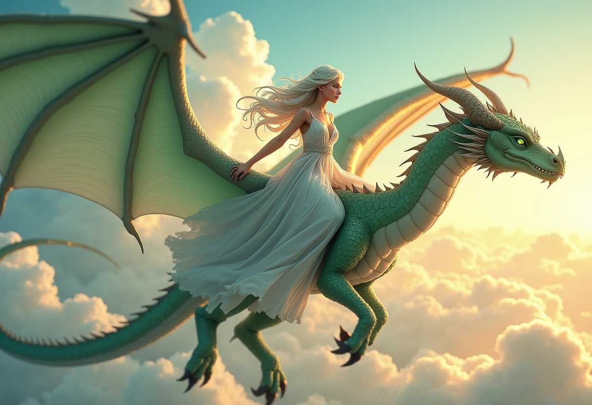 scenery style, art, anime, A stunning young goddess with flowing long white hair and captivating green eyes, gracefully soaring atop a majestic dragon. The dragon boasts an impressive wingspan, its scales shimmering in shades of emerald and silver as it glides through a vibrant sky filled with fluffy white clouds. The goddess is adorned in an ethereal, long white dress that billows elegantly in the wind, intricately detailed with delicate silver embroidery that catches the light. The scene is illuminated by a soft, golden sunset, casting a warm glow that enhances the magical atmosphere. The composition captures both the height of the flight and the awe-inspiring scale of the dragon, with a slightly upward angle that emphasizes their grandeur against the expansive sky. The mood is one of serene majesty and wonder, evoking a sense of freedom and harmony between the goddess and her mythical companion.