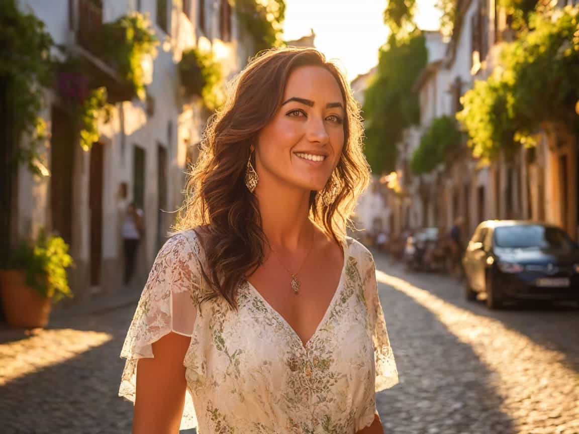 A photo of a TOK woman with striking green eyes, wearing a flowing white dress embellished with intricate patterns, soft smile expressing warmth and confidence, surrounded by lush greenery, sunlit cobblestone streets of Portugal in the background with vibrant flowers, golden hour lighting creating soft shadows and highlights, serene and inviting atmosphere, photographic realism, shallow depth of field focusing on her face.