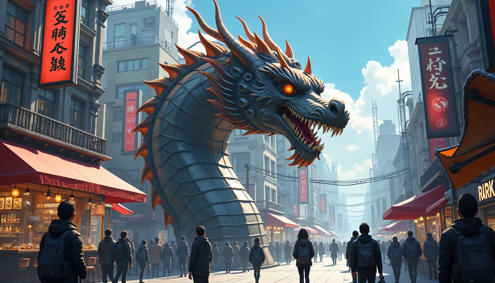 An imposing dragon statue emerges amidst a bustling Asian cityscape.