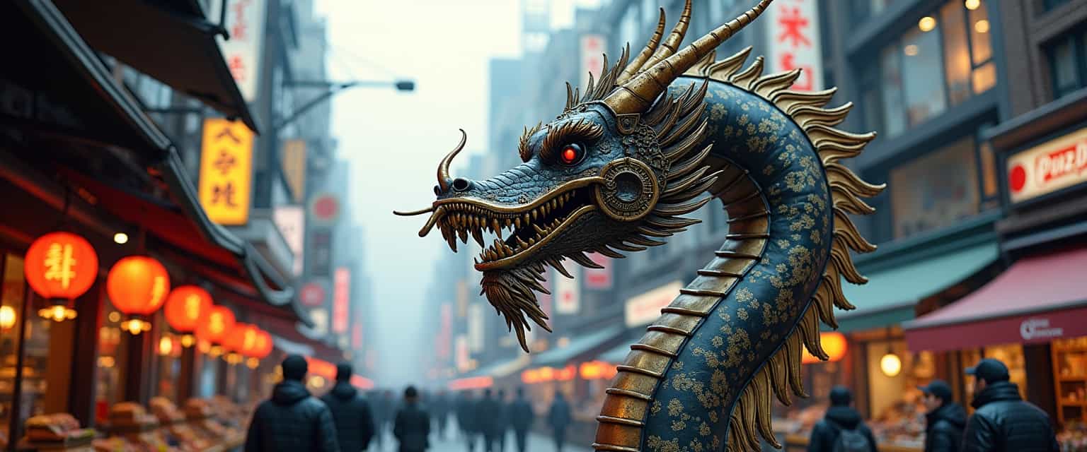 extremely highly detailed steampunk dragon's head statue at the center of a japanese cyberpunk city, people are walking around the dragon's head by shops and stands, the scene is a busy street with lots of people in a cyberpunk city