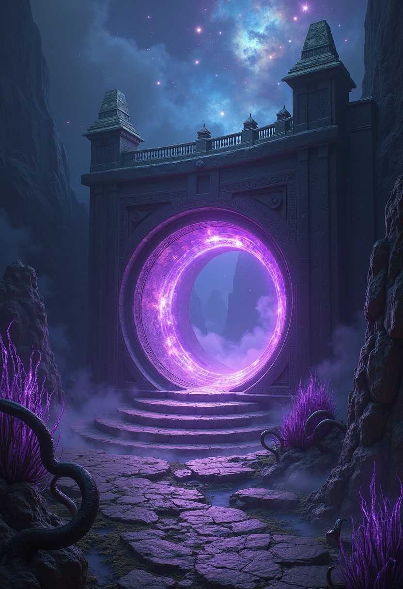 A mesmerizing and intricately detailed magic portal set within a shadowy, forbidden universe of the dark dimension. The portal, a swirling vortex of electric purples and deep blacks, is surrounded by ancient, rune-inscribed stones that emit a faint, ethereal glow. Flickering, ghostly tendrils of mist curl around the edges of the portal, hinting at the mysterious energies from another realm. The backdrop is a vast expanse of a starless night sky, filled with swirling galaxies and distant, flickering lights, evoking a sense of deep space and isolation. Jagged cliffs jut out on either side, shrouded in dark fog, while bizarre, luminescent flora with twisting, grotesque shapes thrive nearby, casting eerie shadows. The atmosphere is thick with a sense of foreboding and wonder, suggesting both danger and the allure of untold secrets waiting to be discovered. The scene is illuminated by an otherworldly glow emanating from the portal, contrasting sharply with the oppressive darkness surrounding it, creating a breathtaking yet chilling visual symphony.