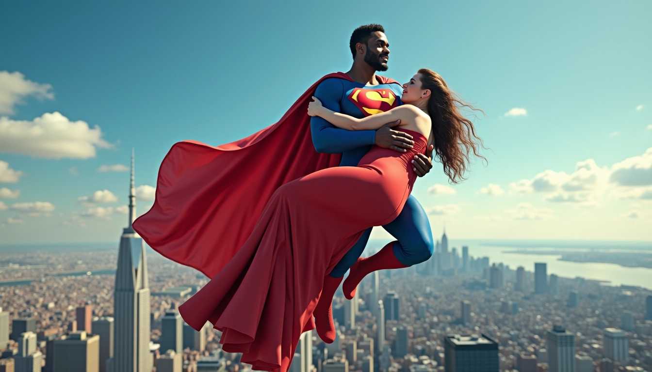 A hyper-realistic scene of an African American Superman soaring through the bright blue sky above the bustling city of Metropolis. He is depicted with vibrant red, blue, and yellow colors, showcasing his iconic costume with intricate detailing and textures that bring his outfit to life. In his arms, he confidently carries a extreamly fat white Swedish woman, who is elegantly dressed in a flowing red dress that billows dramatically in the wind. 

The background reveals a sprawling urban landscape filled with gleaming skyscrapers and detailed architecture under a clear sunny day, with wispy clouds dotting the sky. The lighting adds a warm glow to the scene, enhancing the heroic atmosphere. 

At the bottom of the image, there is a prominent logo with the text "Superman, Politically Correct" artfully integrated into the composition, rendered in bold typography that matches the iconic comic book style. The mood of the scene is uplifting and whimsical, celebrating diversity and empowerment amidst the energetic ambiance of the city.