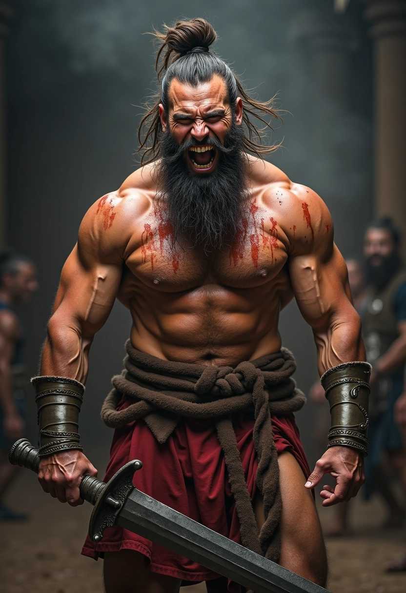 Create a high-energy, dramatic portrait of a muscular gladiator resembling Spartacus. The man has long, disheveled hair pulled back into a topknot and a thick, wild beard. His expression is fierce, mouth open in a roar, displaying his teeth. His fair skin is streaked with wet blood, highlighting a battle-hardened appearance. The upper body is prominently muscular and veined, shirtless except for tattered pants and a belt. Holding an iron Roman battle sword. The background is dark and smoky, intensifying the gritty atmosphere of the roman city. 