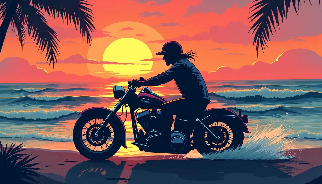 Create an 80s style illustration featuring a striking silhouette of a biker riding a classic motorcycle, captured against a vibrant sunset horizon. The scene should depict the sun setting in a fiery palette of oranges, pinks, and purples, blending seamlessly into the deep blue of the ocean. In the foreground, showcase gentle waves that capture the colors of the sky, reflecting glimmers of light. Position the biker slightly off-center to create a dynamic composition, with the motorcycle angled and the rider leaning forward, conveying speed and freedom. Include subtle details of the bike, such as chrome highlights that catch the light. The overall mood should evoke a sense of adventure and nostalgia, reminiscent of the carefree spirit of the 80s, with a slightly grainy texture to enhance the vintage feel.