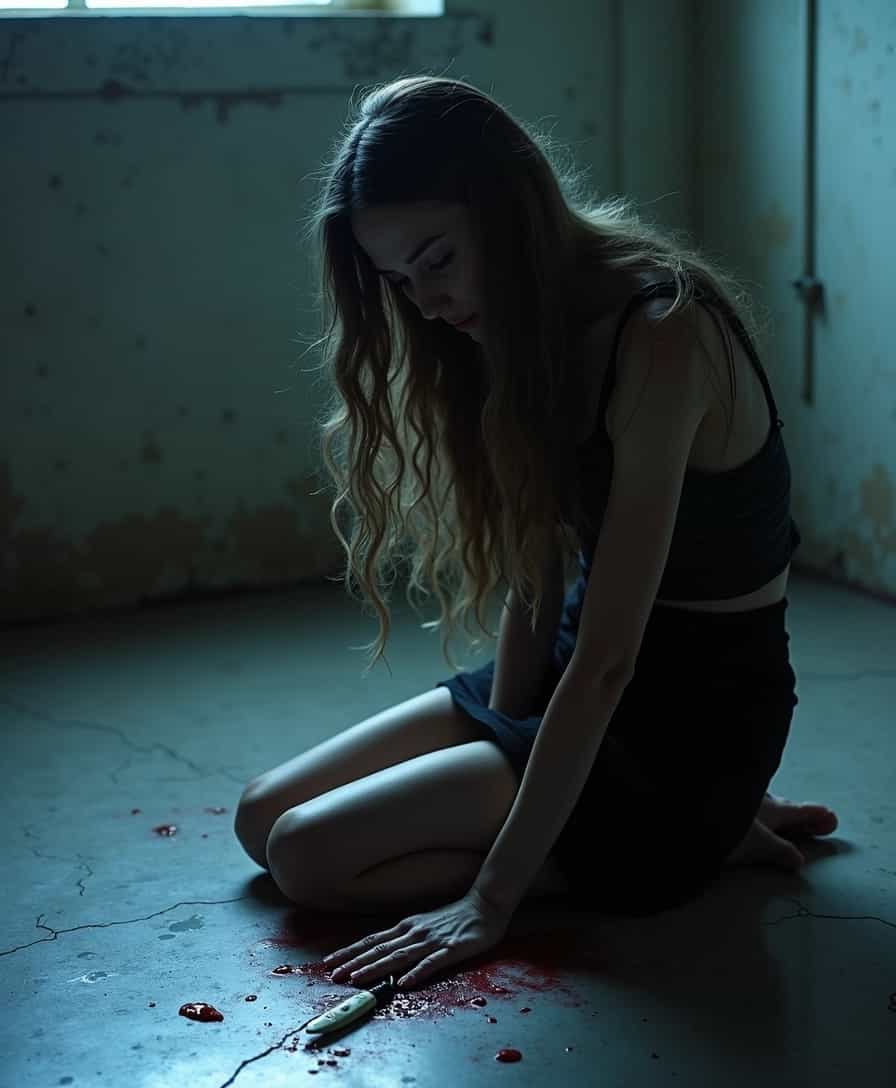 A deeply emotive scene featuring a woman kneeling on a dimly lit floor, tears streaming down her face as she grips a knife that appears to be piercing through her skin. The woman has long, flowing hair that cascades around her shoulders, catching the soft, diffused light that illuminates the room, creating shadows that enhance the depth of her emotional struggle. Her clothing is tattered and dark, symbolizing sorrow and despair, while her expressive eyes are filled with pain.

The composition captures her in a close-up shot, emphasizing the juxtaposition of vulnerability and strength, with the camera positioned slightly above her, looking down as if witnessing a moment of raw anguish. Blood subtly seeps from the wound, contrasting sharply against her pale skin, and the texture of the setting emphasizes a cold, unforgiving environment with cracked walls and a worn floor that echoes her turmoil.

The overall mood is heavy and somber, set in a twilight ambiance, with faint hints of blue and gray tones permeating the scene, adding to the feeling of loneliness. This image evokes a visceral reaction, drawing on elements of realism while incorporating a touch of surrealism, inspired by expressionist art, emphasizing the internal conflict and raw emotion present in this haunting moment.