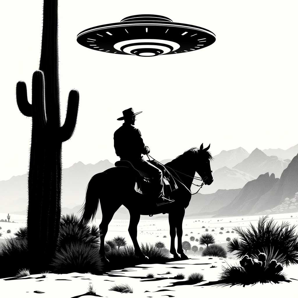 Western Cowboy Silhouette with UFO Hovering in Desert Landscape