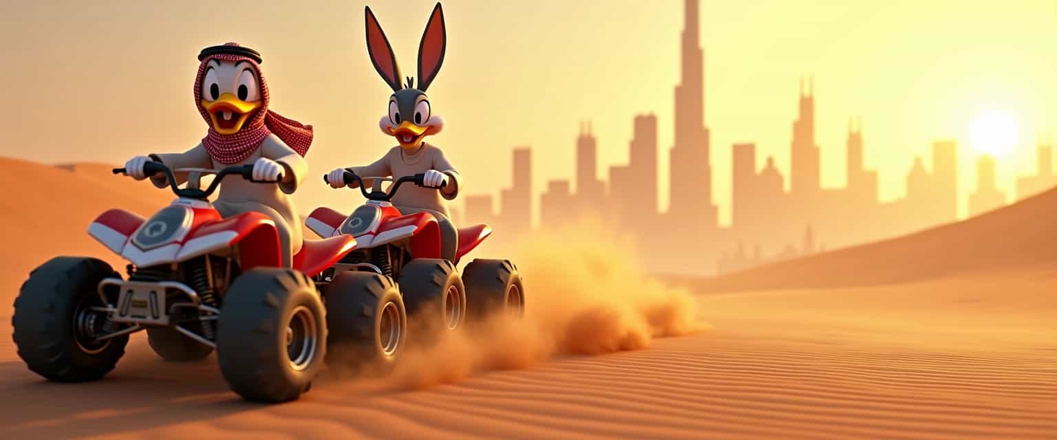 Hyper realistic 2D cartoon Donald Duck and cartoon Bugs bunny riding powerful quad bikes in a desert with sand and dust everywhere with a radiant glowing Dubai skyline background, both are wearing Abaya robes and Kaffiyeh head scarfs with googled, hazy lighting, image in 4k