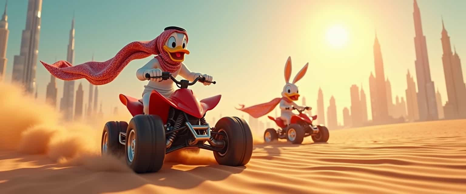 Create a hyper-realistic 3D cartoon scene featuring Donald Duck and Bugs Bunny riding powerful quad bikes across a vast, sun-drenched desert landscape. The ground is scattered with golden sands, swirling dust clouds kicked up by their speed, creating a dynamic sense of motion. In the background, depict a radiant, glowing Dubai skyline, complete with its iconic skyscrapers illuminated against the clear blue sky, adding a vibrant contrast to the sandy foreground. Both characters are adorned in elegant Abaya robes and Kaffiyeh headscarves, showcasing intricate patterns and textures; ensure their attire flows realistically in the desert breeze. The lighting should be soft yet radiant, creating a dreamy atmosphere with a hint of haze, enhancing the magical feel of the setting. Frame the image to highlight the action in the foreground, while capturing the breathtaking skyline behind. Render the scene in stunning 4K resolution for crisp detail and vibrant colors.