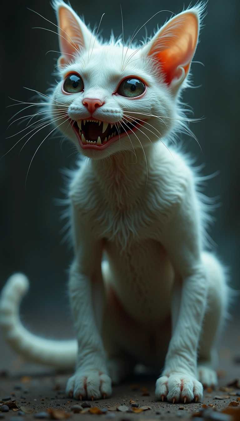 "Create a hyper-realistic, unsettling cat hybrid with exaggerated features. Combine the sleek, agile body of a cat with unnaturally large, reflective eyes, sharp, menacing teeth, and a sinister, twisted expression. Add eerie elements like unnaturally elongated limbs or a partially translucent, ghostly appearance to enhance the sense of horror and unease."