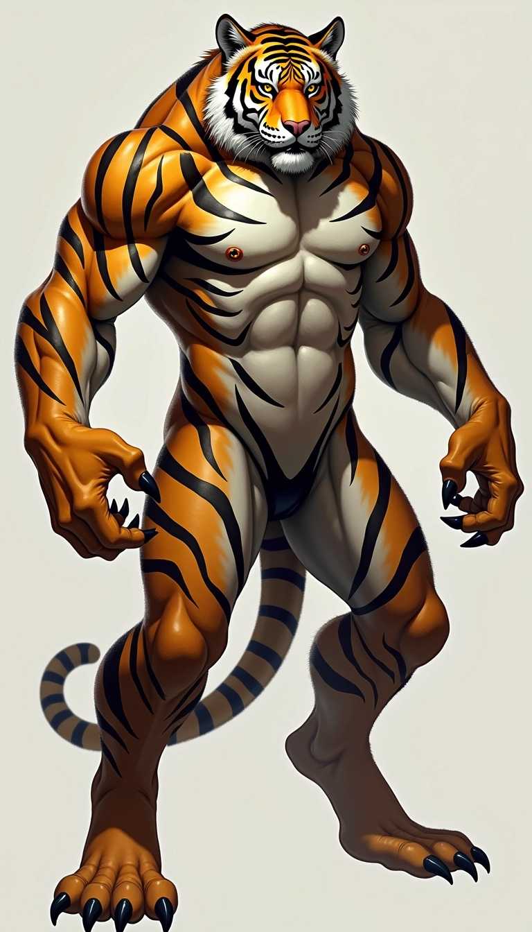"A hybrid creature with the muscular, striped body of a tiger and the upright posture of a human. It has a mix of feline and human facial features, including sharp, intense eyes and a pronounced nose. The hands are human-like but with retractable claws, and the feet are a blend of human and tiger traits. The overall look is a powerful, predatory being with a majestic and intimidating presence."