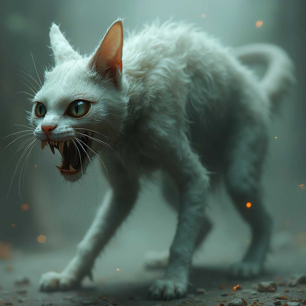 Create a hyper-realistic, unsettling cat hybrid with exaggerated features. Combine the sleek, agile body of a cat with unnaturally large, reflective eyes, sharp, menacing teeth, and a sinister, twisted expression. Add eerie elements like unnaturally elongated limbs or a partially translucent, ghostly appearance to enhance the sense of horror and unease.