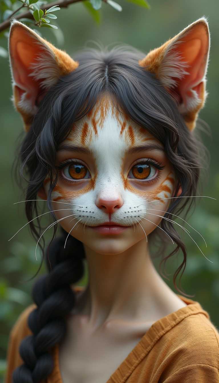 Realistic young woman with cat patterns, human facial features, in natural setting."