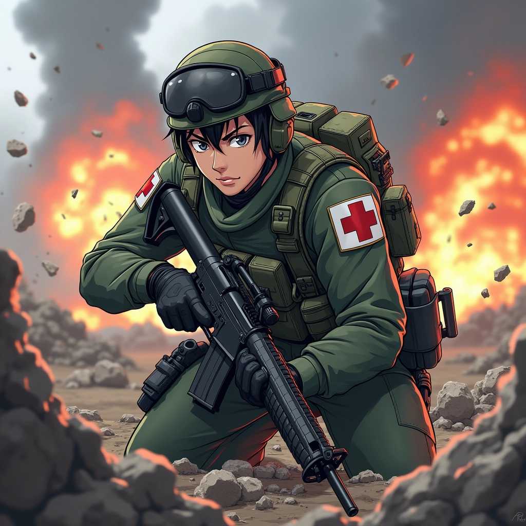 anime, An anime drawing of a male military medic in a shonen art style, wearing tactical gear with a medical cross prominently displayed on his uniform. He’s on a chaotic battlefield, taking cover behind debris. His expression is focused and determined as he works quickly, his pistol holstered at his side, ready for any threat. The battlefield around him is intense, with explosions and smoke in the distance, adding to the urgency and dynamic nature of the scene