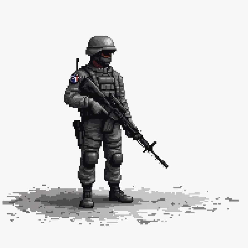 4 bit pixel art soldier carrying rifle low and ready black and white simple