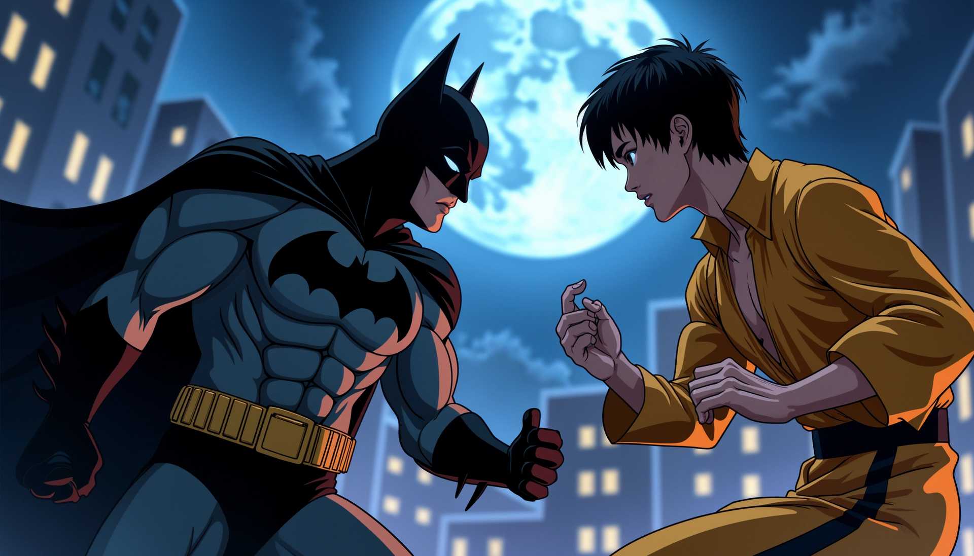 Batman Faces Off Against a Martial Arts Challenger Under a Full Moon