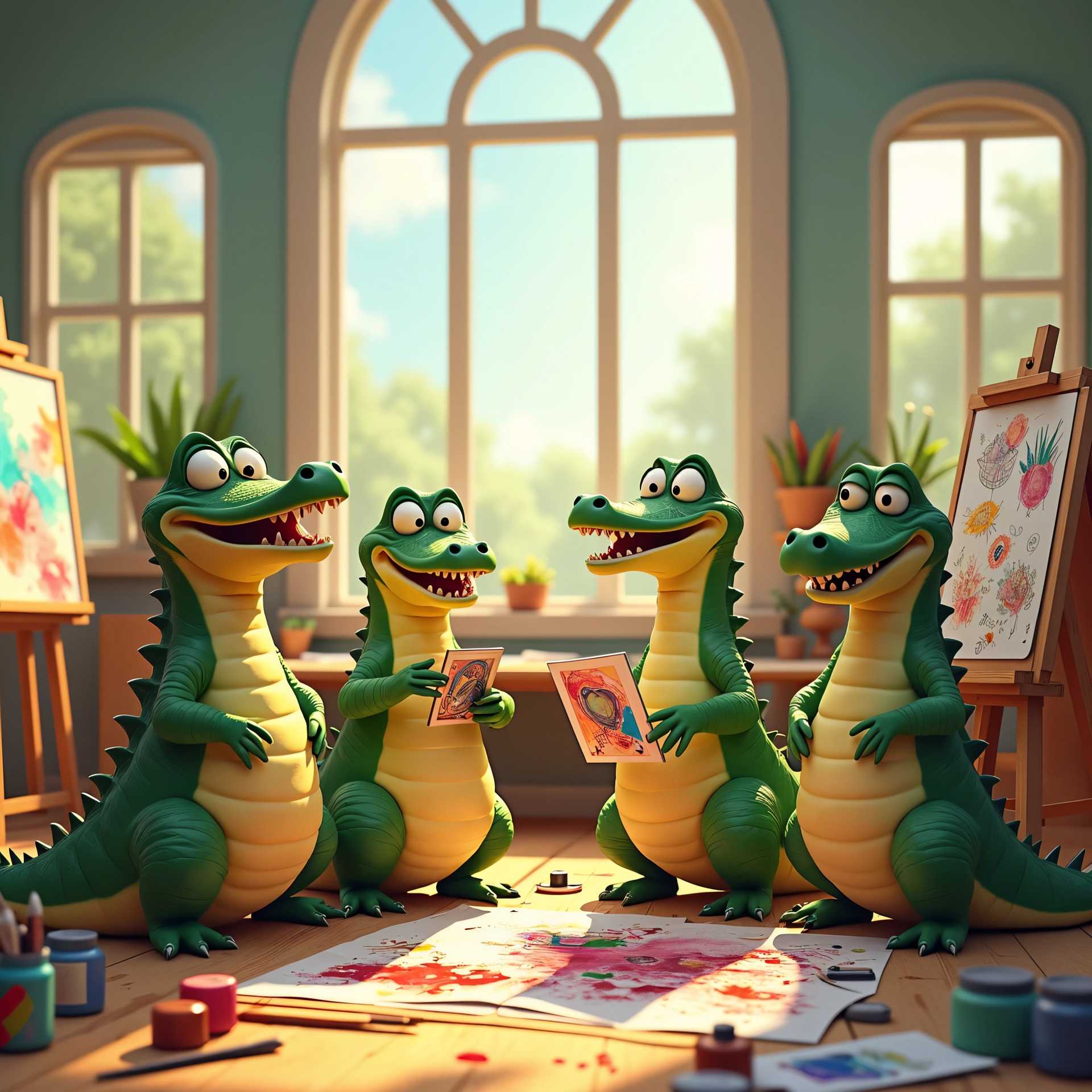 Four animated alligators immersed in painting inside a room with a view.