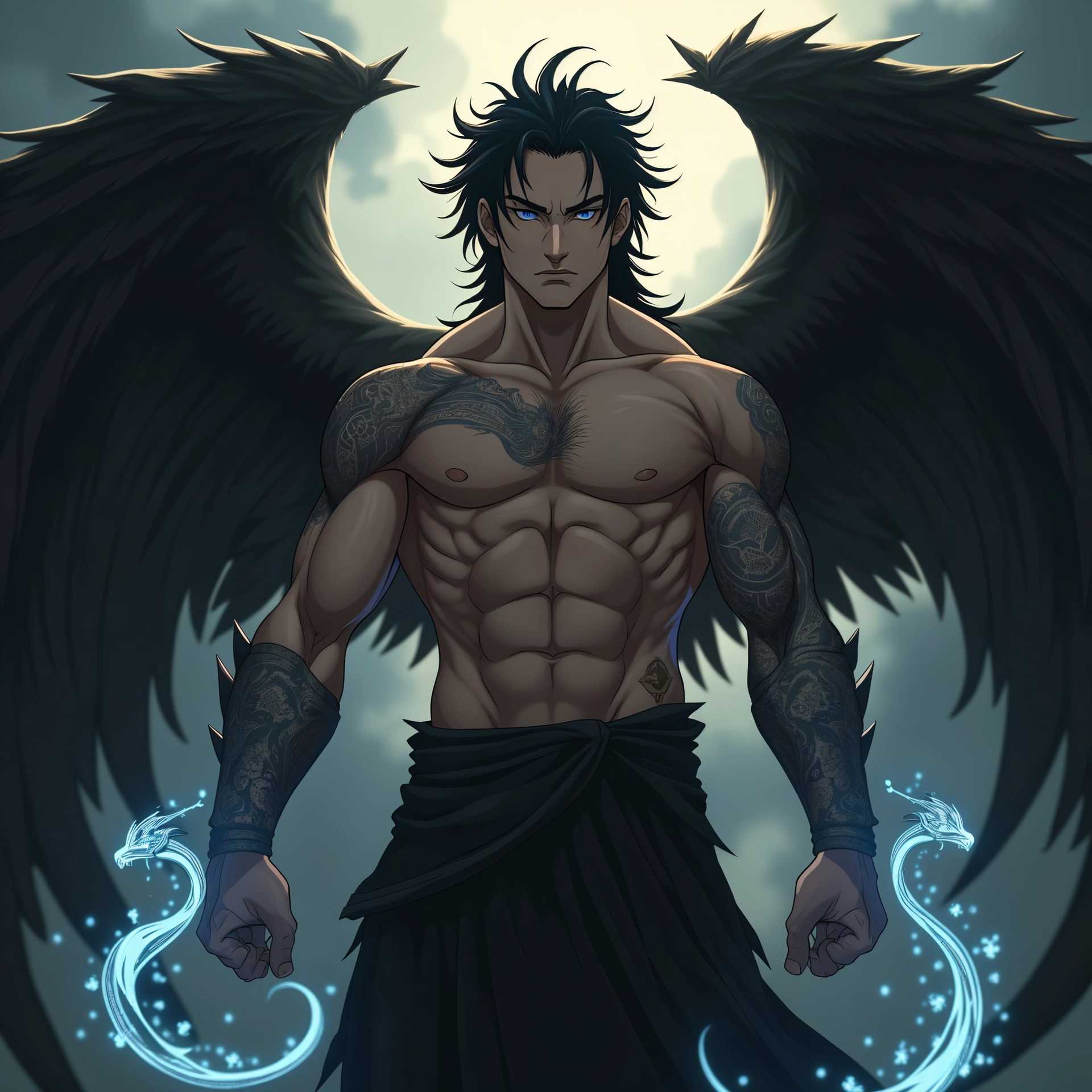 An imposing figure with majestic black wings and formidable blue energy