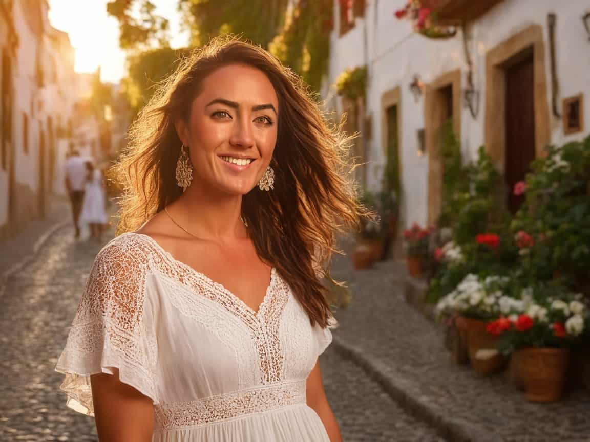 A photo of a TOK woman with striking green eyes, wearing a flowing white dress embellished with intricate patterns, soft smile expressing warmth and confidence, surrounded by lush greenery, sunlit cobblestone streets of Portugal in the background with vibrant flowers, golden hour lighting creating soft shadows and highlights, serene and inviting atmosphere, photographic realism, shallow depth of field focusing on her face.