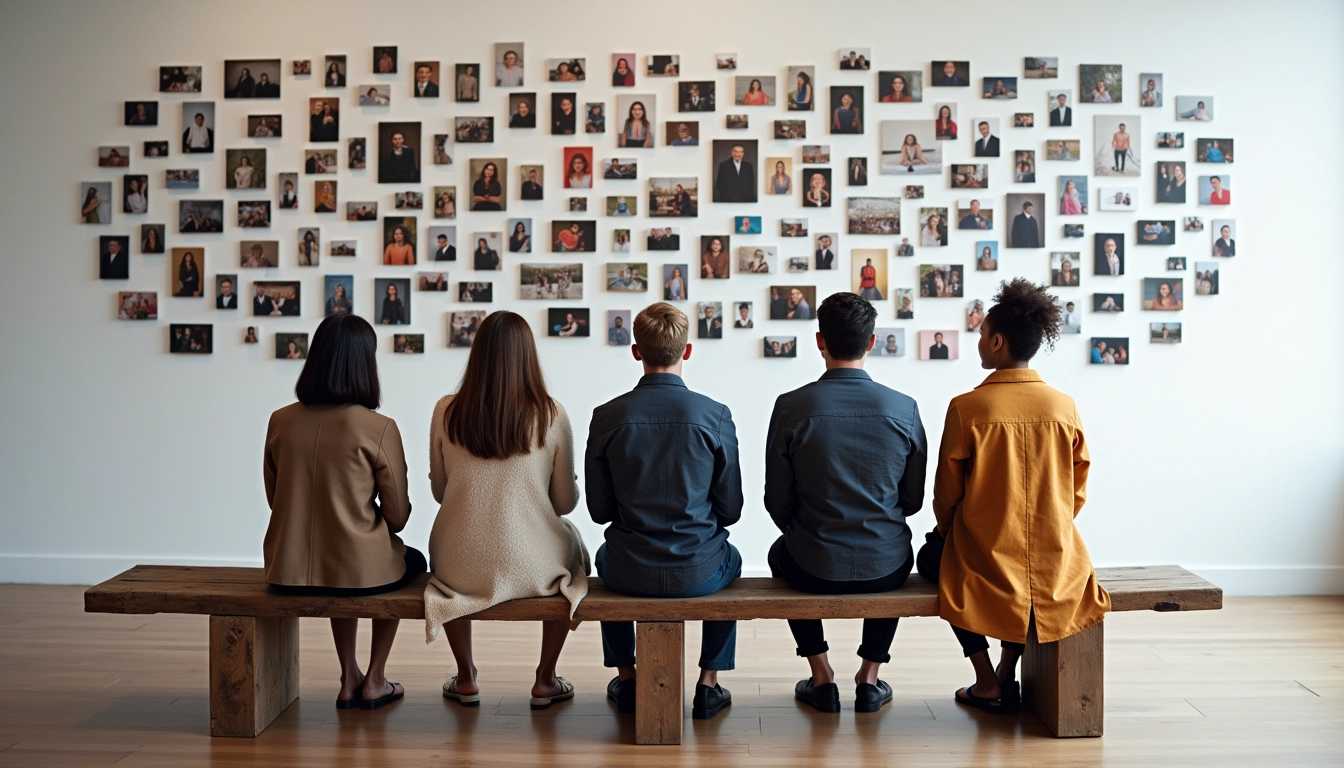 A creative photography scene featuring a diverse group of people seated on a textured wooden bench in front of a stark white wall. Their faces are intentionally blurred, maintaining anonymity and inviting intrigue. The wall behind them is adorned with a vibrant mosaic of photographs in various sizes and shapes, showcasing a kaleidoscope of colors that pop against the minimalist background. The natural lighting filters softly through an unseen window, casting gentle shadows that enhance the three-dimensionality of the scene. 

Captured from an overhead perspective, this composition conveys a sense of scale, emphasizing the gathering's collective experience while allowing the viewer to appreciate the dynamic interplay between the subjects and the art on the wall. The overall atmosphere is one of innovative artistic expression, with a creative energy that bursts forth from the thoughtfully arranged photographs. The scene radiates a subtle yet captivating mood, encouraging viewers to engage with both the collective and individual stories held within the art. Ideal for an imaginative exploration of modern artistic photography.