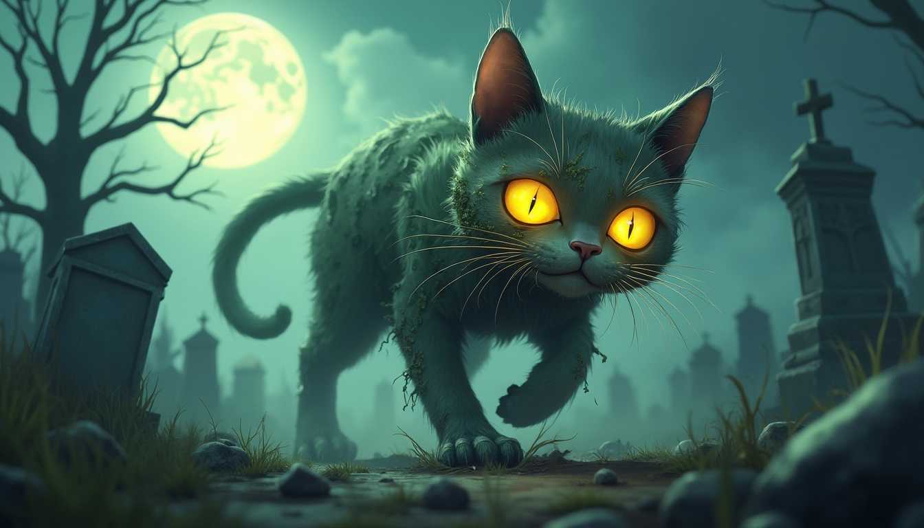A whimsically eerie scene featuring a zombie cat, its fur a patchy mix of greys and greens, with tattered tufts sticking out at odd angles. The cat's glowing yellow eyes gleam with a mischievous yet haunting gaze, partly obscured by a layer of grime and dirt. Surrounding the cat, the backdrop is a misty graveyard, dense fog swirling around broken tombstones and skeletal trees silhouetted against a dull, moonlit sky. The composition is framed low to the ground, emphasizing the menacing stance of the zombie cat as it prepares to pounce. The mood is a blend of dark humor and fright, illuminated by the cold, pale light of the moon, casting long shadows and highlighting the eerie atmosphere of the eerie night. Rendered in a cartoonish horror style, reminiscent of classic gothic illustrations, the intricate details and textures bring the scene to life.