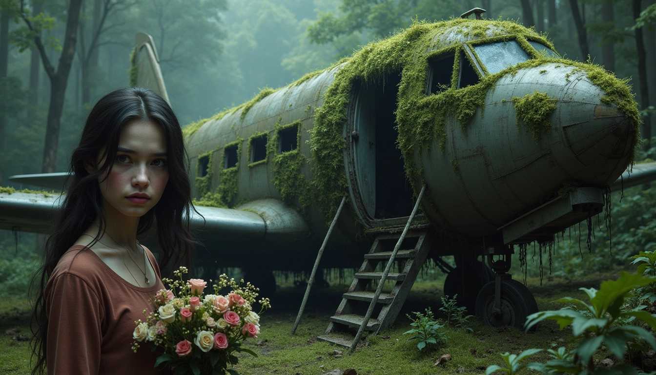 Very eerie scene of the "forgotten" background of enchanted wood, an aeroplane covered in moss, flowers covering the doors as if someone or something has tried to escape to no avail, very realistic features, showing the sadness in the pilot and people that was left behind! A young women in the foreground looking at the viewer, holding flowers with a very sad look on her face.