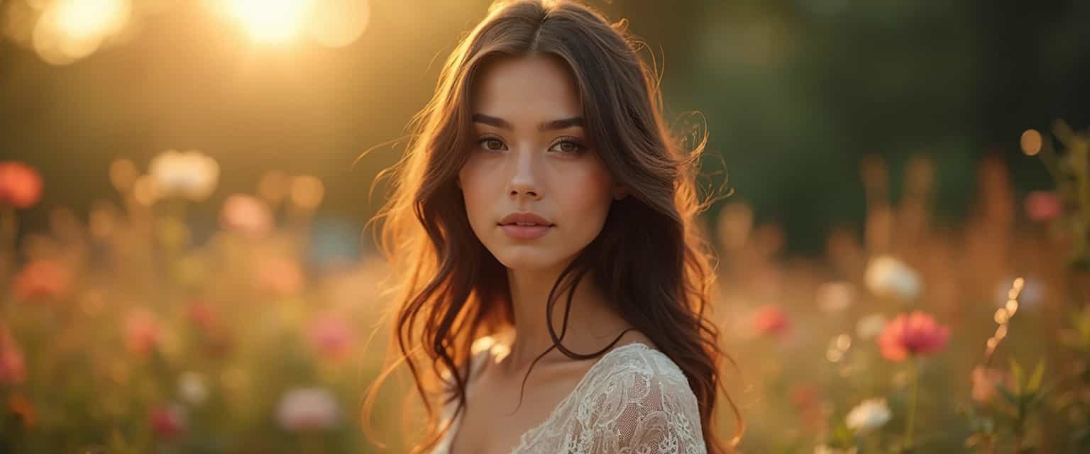 A breathtaking portrait of a beautiful woman, captured in golden hour lighting that bathes her in a warm, ethereal glow. Her smooth, porcelain skin contrasts elegantly with her flowing, dark hair which cascades down in soft waves, catching the light at its tips. She has mesmerizing, almond-shaped eyes that sparkle with depth and emotion, framed by long, fluttering eyelashes. Her full lips are painted a soft, natural pink, slightly parted as if she's about to speak. She is adorned in a delicate, vintage lace dress, its intricate patterns and textures adding to the classic elegance of the scene. The background is a blurred garden in full bloom, with hints of colorful flowers and lush greenery, enhancing the romantic atmosphere. The image is taken with a shallow depth of field, creating a beautiful bokeh effect that highlights the subject against a dreamy backdrop. The mood is serene and enchanting, reminiscent of Pre-Raphaelite art, combining soft realism with a touch of fantasy.