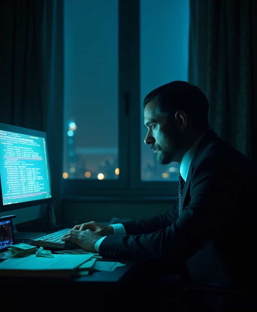 A shadowy figure in a dimly lit room, clad in a sharp, dark suit with a subtle sheen. The scene is filled with tension, illuminated by the cold, bluish glow of computer screens surrounding him, displaying cryptic codes and bank statements. His face is partially hidden in shadow, with piercing eyes reflecting the screens' light, exuding a mix of cunning and menace. The room is cluttered with high-tech gadgets, papers strewn about, and a stack of cash on the desk. The background features a tall window with heavy, dark drapes, with just a hint of the cityscape at night beyond it. The atmosphere is thick with secrecy and danger, capturing the clandestine nature of his operations. 

**Style**: Noir, cyberpunk 
**Mood and Atmosphere**: Dark, tense, clandestine
**Lighting**: Dim, bluish glow from computer screens
**Composition**: Medium shot, focus on the scammer with the desk and backdrop framing him
**Technical Aspects**: Deep shadows, high contrast, intricate details on the gadgets and codes.