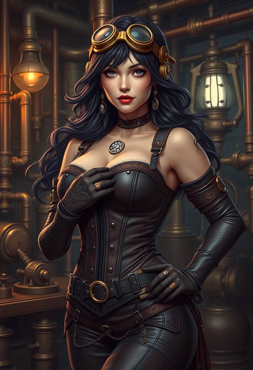 anime, art, scenery style, furry, A striking, steam-punk inspired busty woman, adorned in intricate leather and brass attire, showcasing exquisite Victorian era detail. She has flowing dark hair pinned with mechanical gears and goggles resting on her forehead. Her corset, tightly laced, accentuates her hourglass figure, and her gloves are delicately embroidered with clockwork designs. She stands in a cluttered inventor's workshop with copper pipes, cogs, and steam valves visible in the background. The lighting is dim and atmospheric, suggesting an overcast evening, with warm, amber hues from gas lamps casting soft shadows. The camera angle is slightly low, capturing her from the waist up with a proud, confident expression on her face. In the background, intricate mechanical inventions add to the ambiance, evoking a world where Victorian elegance meets industrial innovation. The style blends sharp realism with fantastical elements, enhanced by subtle sepia tones that give the image a timeless, antique feel.
