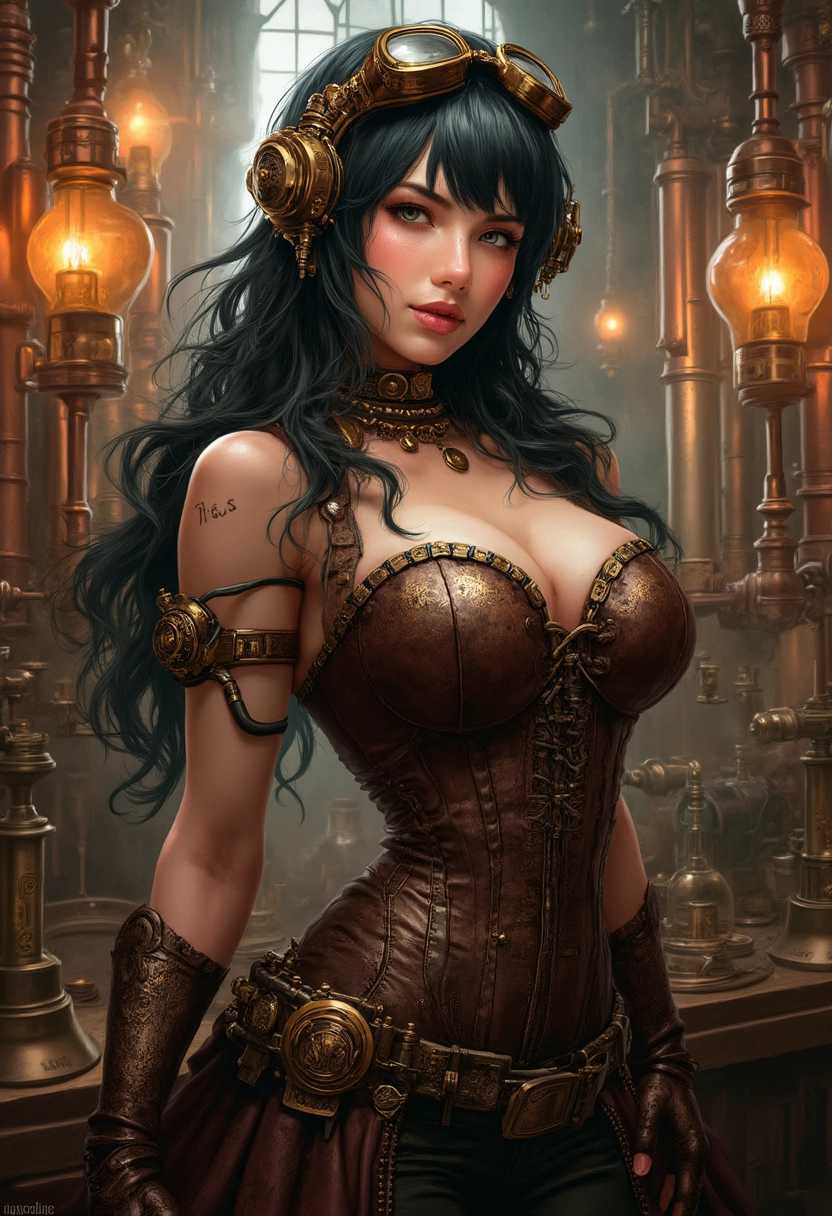 anime, art, scenery style, furry, A striking, steam-punk inspired busty woman, adorned in intricate leather and brass attire, showcasing exquisite Victorian era detail. She has flowing dark hair pinned with mechanical gears and goggles resting on her forehead. Her corset, tightly laced, accentuates her hourglass figure, and her gloves are delicately embroidered with clockwork designs. She stands in a cluttered inventor's workshop with copper pipes, cogs, and steam valves visible in the background. The lighting is dim and atmospheric, suggesting an overcast evening, with warm, amber hues from gas lamps casting soft shadows. The camera angle is slightly low, capturing her from the waist up with a proud, confident expression on her face. In the background, intricate mechanical inventions add to the ambiance, evoking a world where Victorian elegance meets industrial innovation. The style blends sharp realism with fantastical elements, enhanced by subtle sepia tones that give the image a timeless, antique feel.