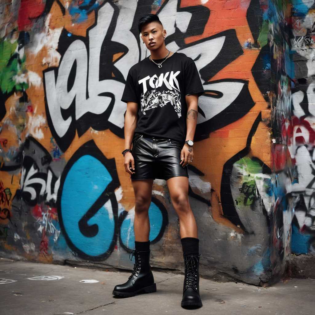a photo of TOK, A striking man in a leather mini skirt, graphic tee, and combat boots, leaning against a graffiti-covered wall, showcasing a bold and rebellious fashion statement.